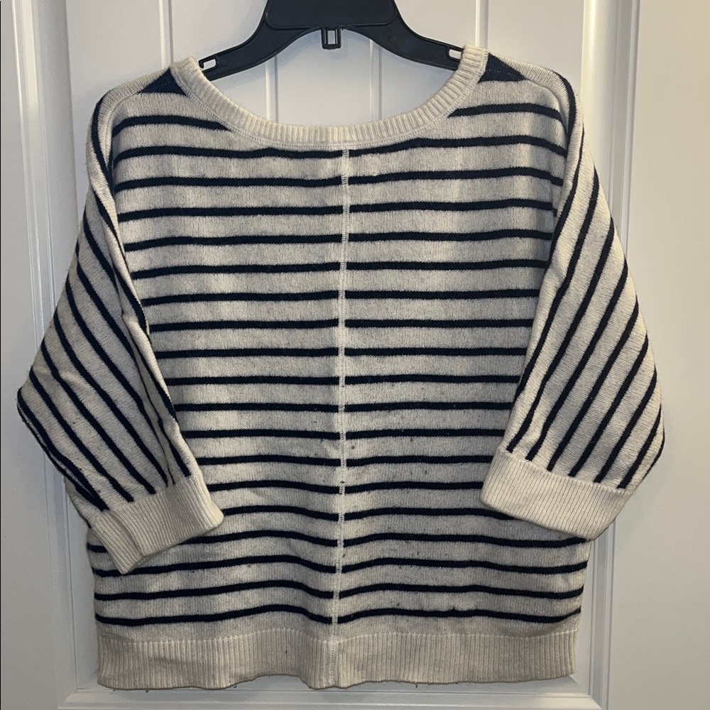 LOFT Cream and Navy Striped Crew Neck Sweater - Picture 7 of 8